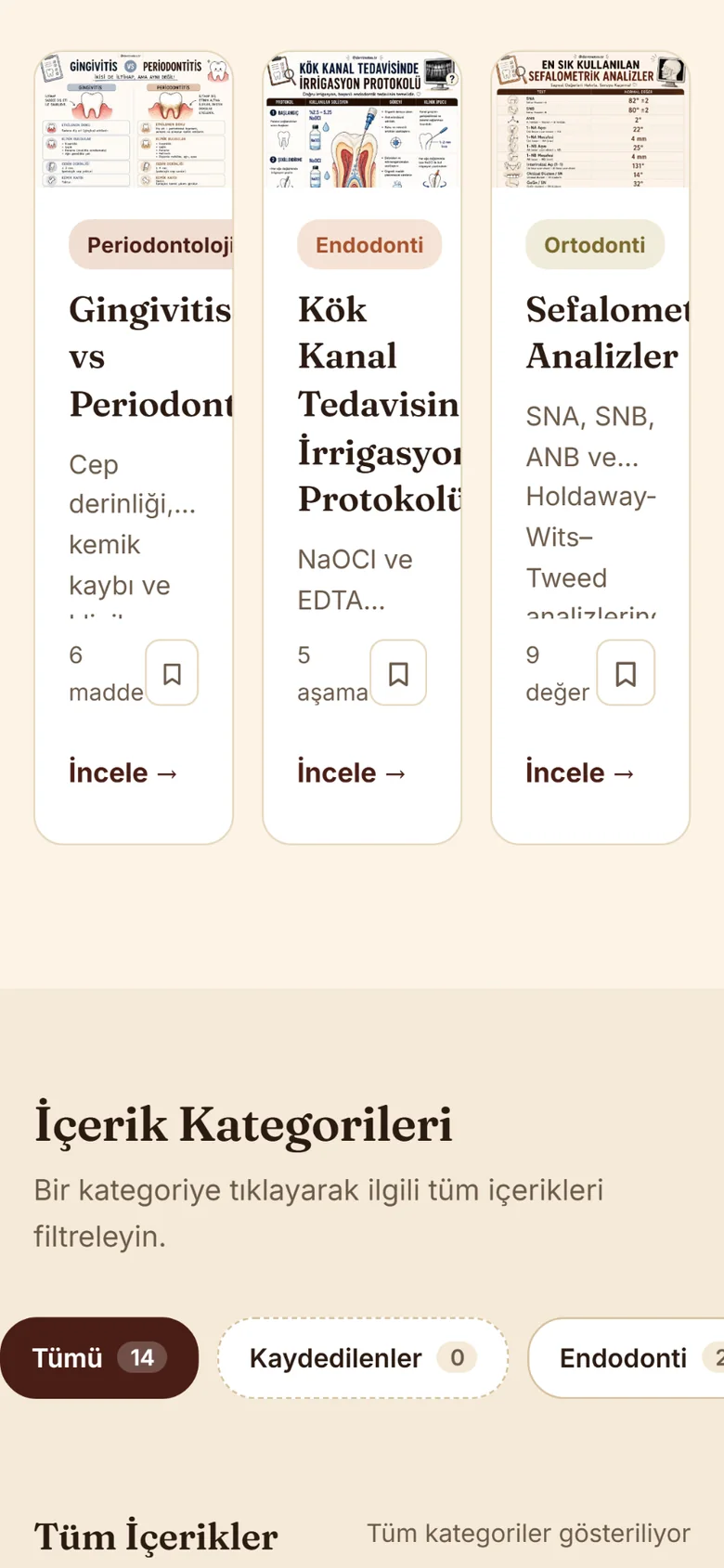Dent Notes mobil içerik kartları