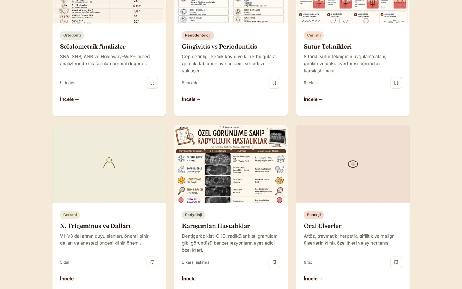 Dent Notes kategori ve içerik kartları