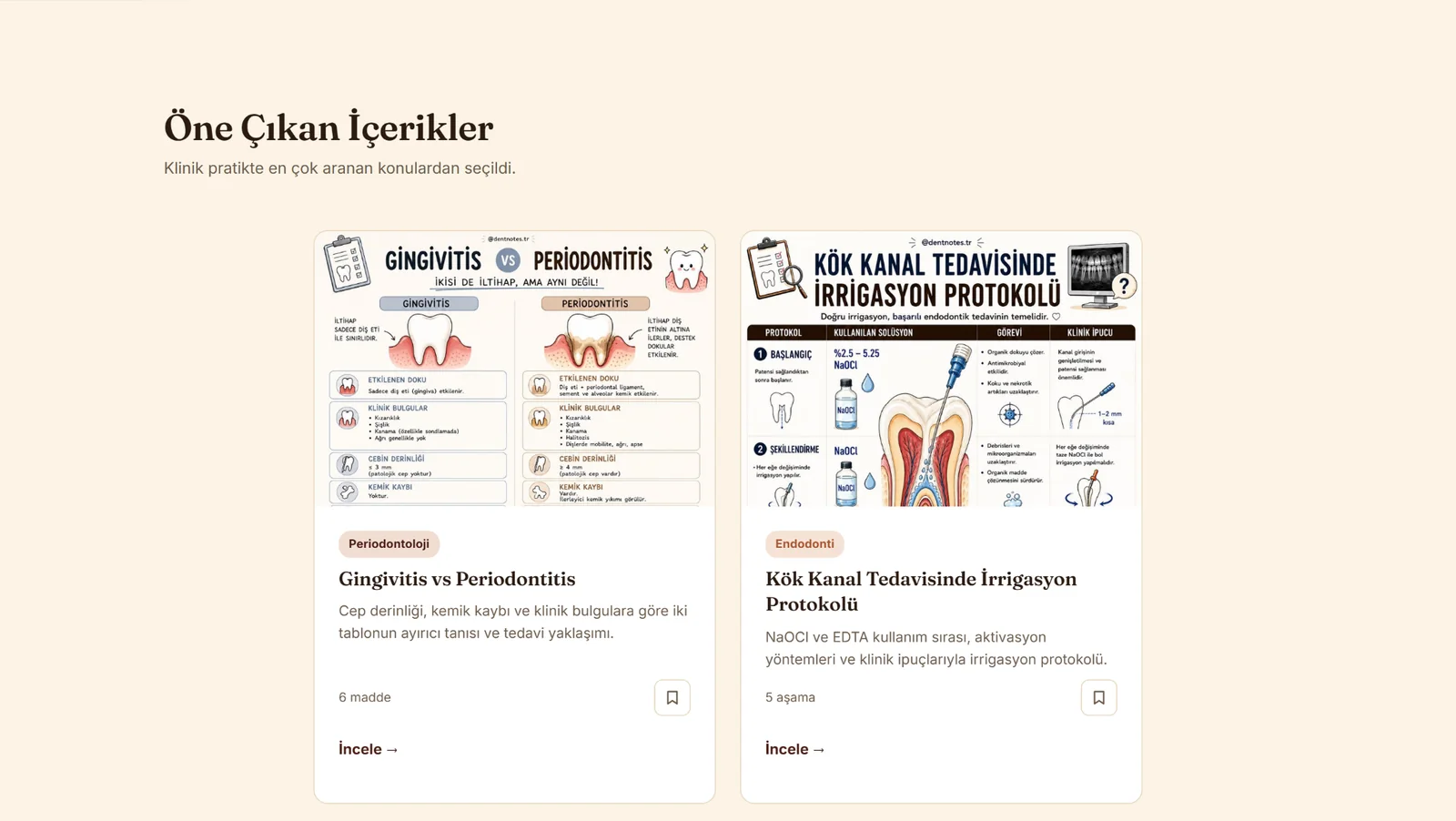 Dent Notes öne çıkan içerikler bölümü