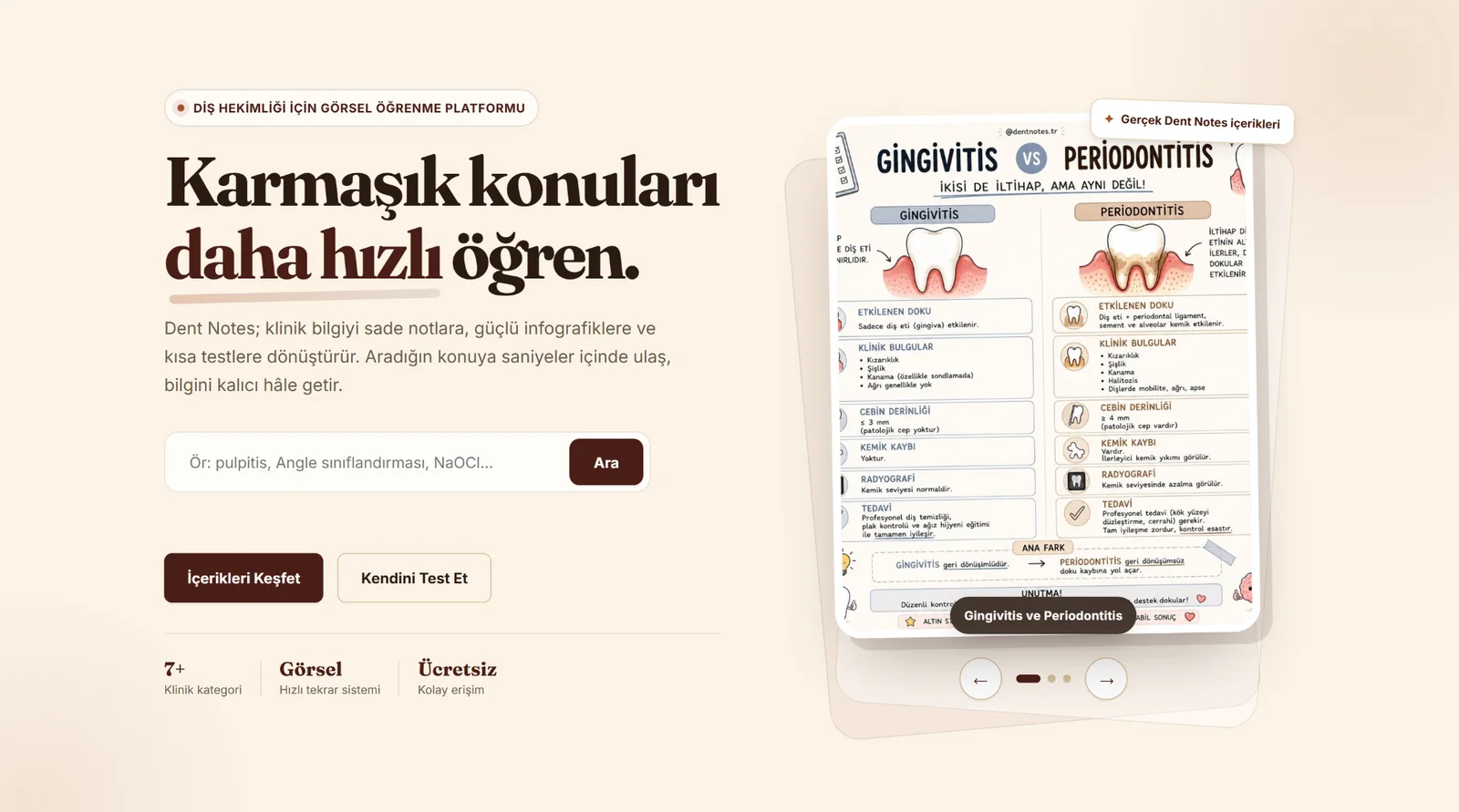 Dent Notes görsel öğrenme platformunun masaüstü ana sayfası